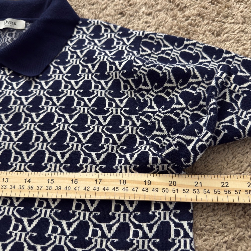 DVRK Prive‎ Navy White Monogram Knit Polo Shirt 100% Cotton Short Sleeve FF34 - Picture 4 of 7
